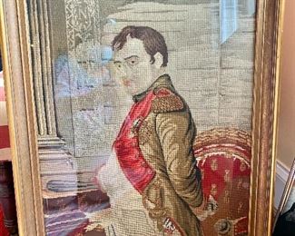 $300 - Vintage framed Napoleon needlepoint art with some beading decoration; 30 in. (H) x 23 in. (W)