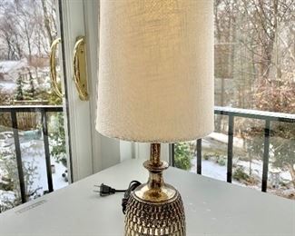 $65 - Small metallic table lamp with linen shade 17” tall, 5” base