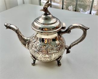$40 - Moroccan silverplate teapot, 6 1/2 in. (H) x 8 in. (L, spout to handle)