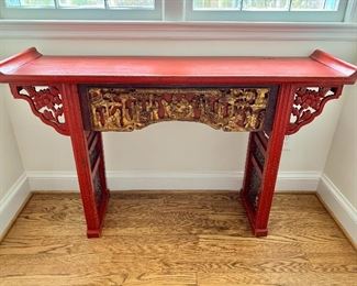 $650 - Chinese antique wooden carved altar table "as is;" 35 in. (H) x 54 1/2 in. (W) x 15 in. (depth)