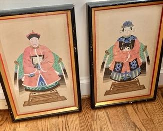 $250 - Pair of Asian portraits hand painted watercolors in wooden frames; 24 in. (H) x 15 1/2 in. (W)