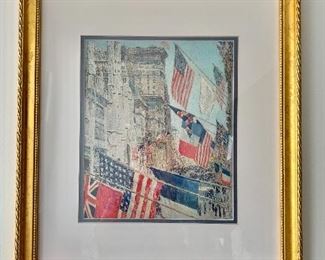 $60 - Framed, double matted print, "A Display of Flags on Allies Day, May 1917" by Childe Hassam; 19 1/2 in. (H) x 16 1/2 in. (W) 