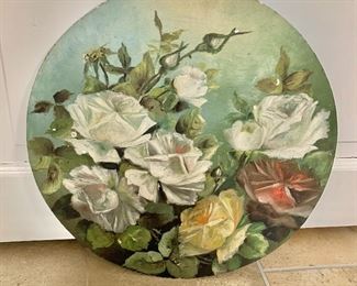 $90 - Vintage, metal hand painted floral rondo wall hanging, 14 in. diameter, some wear to surface