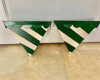 $40 - Pair of green and white striped triangular shaped metallic wall mounts, 9 in. (H) x 10 in. (W) x 4 1/2 in (depth)