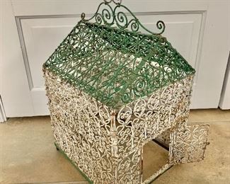 $120 - Antique Moroccan green and white painted wire bird cage with single door, 18 in. (H) x 10 in. (W) x 12 in. (depth)
