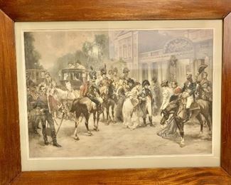 $200 - Antique framed Napoleon lithograph (#1) "The Arrival of Empress Mary Louisa in Paris" by Vincent de Paredes;  31 in. (H) x 39 1/2 in. (W)