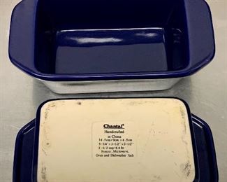 $40 - Two Chantal glazed cobalt blue porcelain loaf pans, 2 1/2 in. (H) x 8 in. (L) x 4 in. (W)