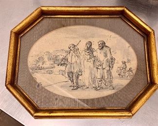 $20 - Octagonal framed drawing of Biblical scene with three figures "Walking to Emmaus" (after Rembrandt), 9 in. (H) x 11 in. (W)