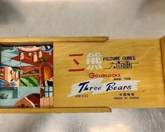$20 - Vintage wooden Goldilocks and the Three Bears picture cubes. Box dimensions 2 in. (H) x 8 in. (L) x 5 in. (deep)