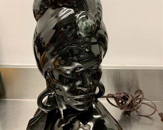 $120 - Vintage glass figural head lamp (tested and works); 12 in. (H) x 9 in. (W) x 6 in. (deep)