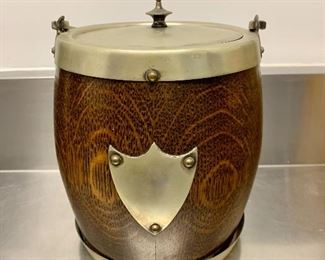 $60 - Vintage English biscuit barrel with porcelain insert, 6 in. (H) x 6 in. round. EPNS mounts