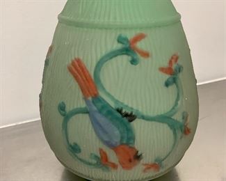 $90 - Green hand-painted and decorated glass lampshade,  8 1/2 in. (H) x 6 1/2 in. (W, and depth)