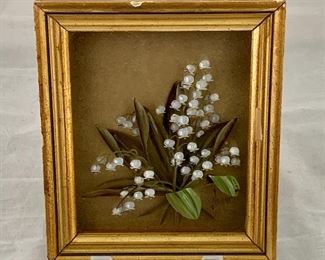 $48 - Vintage Edmund Nogar hand painted 3D Lily of the Valley on glass, framed;  approx 5" x 7" 