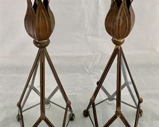$40 - Pair of metal, glass tulip candle holders; 10 in. (H)