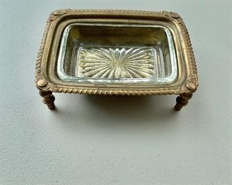 $20 - Brass with glass insert soap dish; 1 in. (H) x 4 in. (L) x 3 1/2 in. (depth)