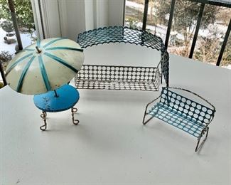 $125 - Vintage decorative metal  patio set; Swing 10” (L) x 6 1/2 in. (H) , bench 5” (L) x 3/1 in. (H); table with umbrella 7 1/2 in. (H)