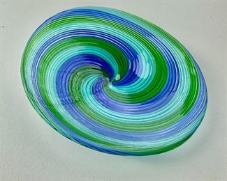 $50 - Murano blue and green swirl-design glass dish (Mottahedeh design); 9 1/4 in. (L) x 7 1/2 in. (W)