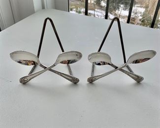 $12 each - Silverplate decorative plate or platter stands, two available; 5 in. (H) x 5 in. (W) x. 3 in. (diameter)