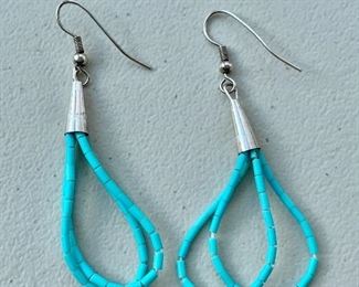 $15 - Silver and turquoise pierced earrings - approx 2" drop