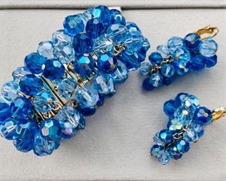 $48 - Vintage blue borealis clip earring and  bracelet set; marked JAPAN; bracelet assembled on flexible metal band.