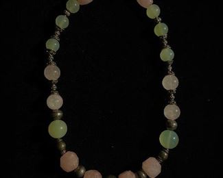 Pink and green stone silver necklace - just over 18 inches in length - price 60 dollars  