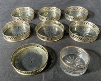 Lot 8 Vintage Sterling Silver & Glass Coasters
