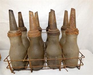 EARLY 8 BOTTLE OIL RACK W/ BOTTLES 