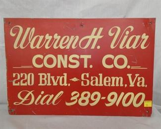 WARREN H. VIAR CONST. CO SALEM VA SIGN 