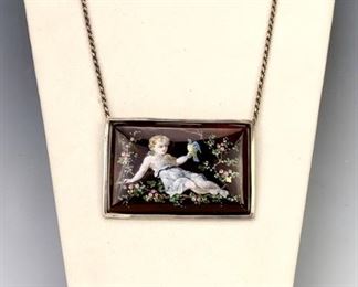 Limoges Enamel Large Pendant & Silver Necklace - Lot 34a