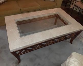 Huge Travertine inlaid glass coffee table mid-century $600