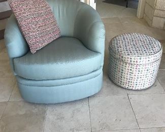 Green swivel chairs & storage round ottoman. We have 2 of each 