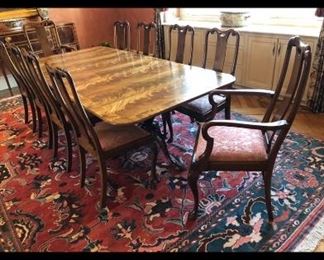 E. J. Victor brand, High Point, dining table; set of eight dining chairs with custom upholstery.  Excellent condition.  Turkish rug, Euphrates design, 10’7” by 14’4”