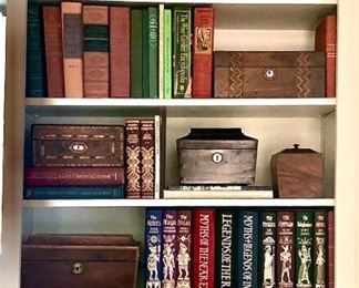 A lifetime collection of eight 19th century wooden boxes featuring exotic woods, inlay, mother of pearl; interiors fitted for various uses. 