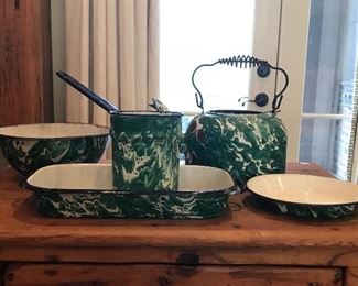 Wonderful Chrysolite green graniteware, and other green swirl examples