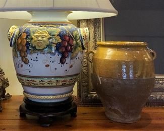Antique French confit jar, hand painted majolica lamps 