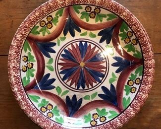 Collection of stick Spatterware, this beautiful 15” diameter low bowl signed by Mann & Co., Hanley