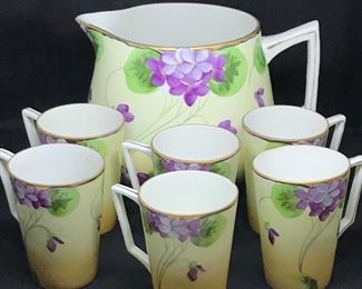 NIPPON Cider Pitcher and six cups hand painted with violets. Part of a larger collection. 