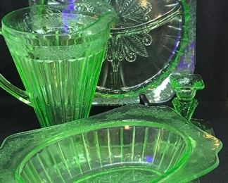 Uranium glass collection, shown here ‘Adam’ Jeanette green glass