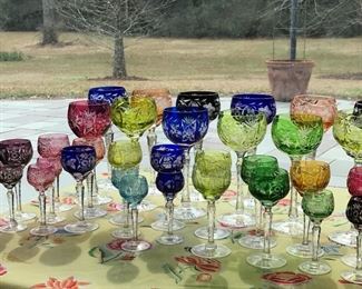 Lausitzer bohemian glass cut to clear wine hocks and cordials, beautiful colors, ‘Grape and Leaf’ pattern