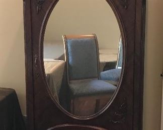 Antique Bonnetiere with fitted shelves, mirrored door over single drawer, 79”h x 32”w x 15” d