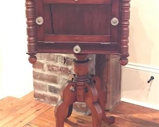 19th century work table with drop front, fitted interior drawers, original glass knobs