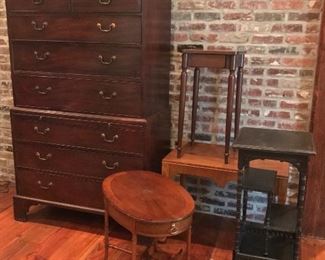 Great selection of small tables, antique and contemporary; Georgian style chest on chest