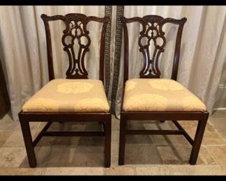 Reproduction Chippendale pair of chairs with a fabulous designer fabric for the seats  