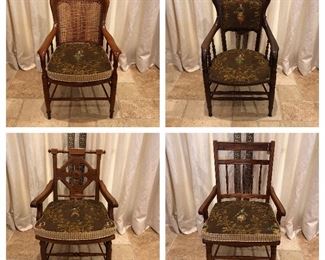 Four adorable antique chairs, all different, unified by a fabulous designer fabric. 