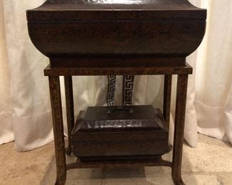 Unique modern table featuring two fitted, lidded boxes