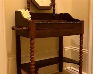 19th century miniature salesman’s sample or child’s marble topped wash stand, complete with towel bars 