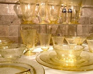 A lifelong collection of Florentine Yellow “Poppy 2” Depression Glass by Hazel Atlas.  125 pieces in all, including service for 8.  Sold as a collection only. 