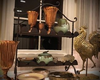 SP Collection set of 4 solid copper fluted vases, vintage  Frankoma pottery collection, set of 12 vintage hand wrought solid brass chargers from Mexico 