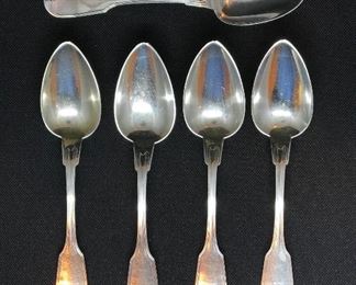 American Silver - five Fiddle Thread spoons by Wood & Hughes, retailed by A.B. Griswold, New Orleans, 1870-90’s