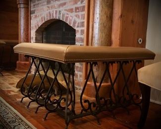 PAIR of wrought iron and leather fireplace fender seats with nail head trim, hand crafted